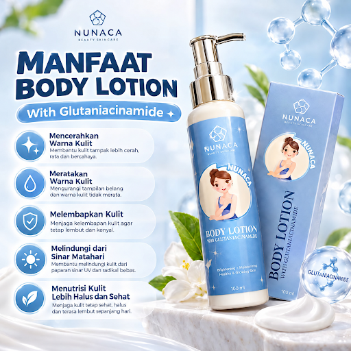 NUNACA Body Lotion Glutaniacinamide 100 ml beserta kemasan box, difoto dengan latar biru
